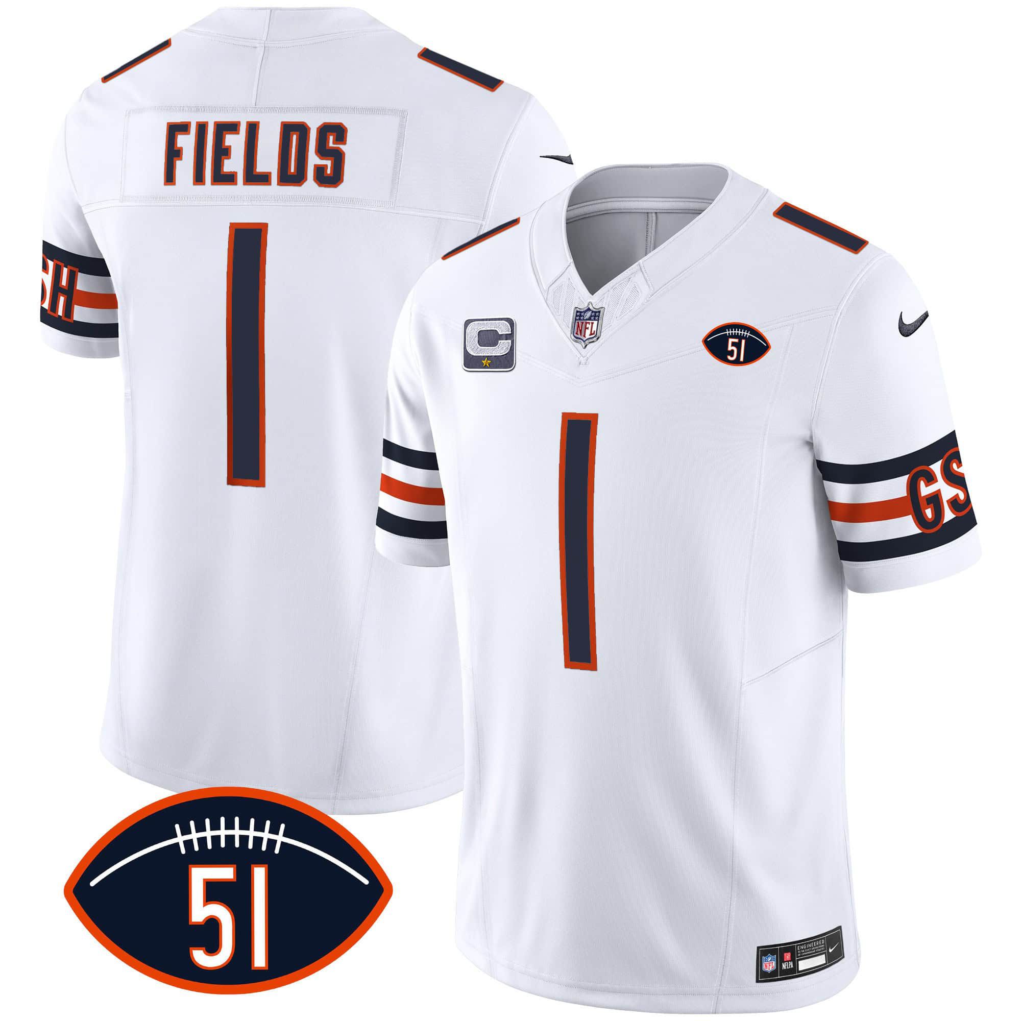 Men Chicago Bears #1 Fields White 2024 Nike Patch GSH Vapor NFL Jersey